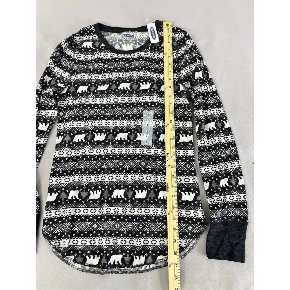 Old Navy NWT Woman Juniors L Nordic Fair Isle Black/Gray Waffle Knit Thermal Top